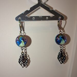 Multicolor Peacock Drop Earrings with Feathers